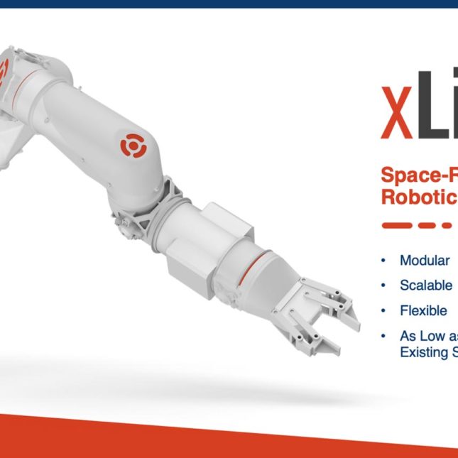 Image of xLink Space-Rated Modular Robotic Arm System. Bullet List reads: Modular. Scalable. Flexible. As Low as 1/10th the Cost of Existing Solutions.