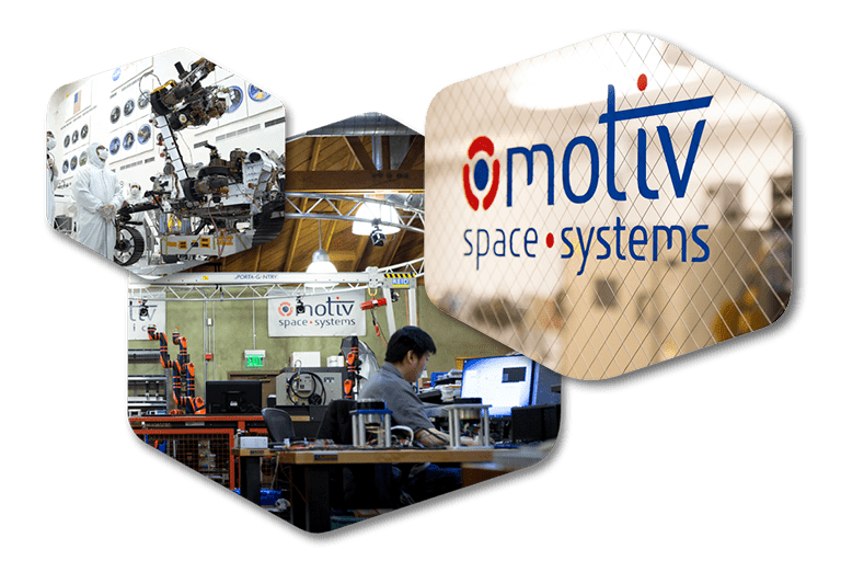 Three Images. Two images of Motiv employees working. One image showing the Motiv Space Systems logo.