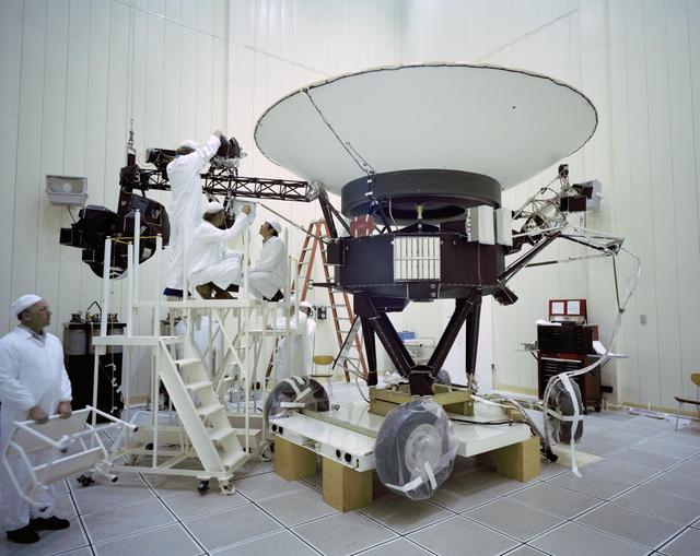 The Voyager 2 spacecraft undergoing testing